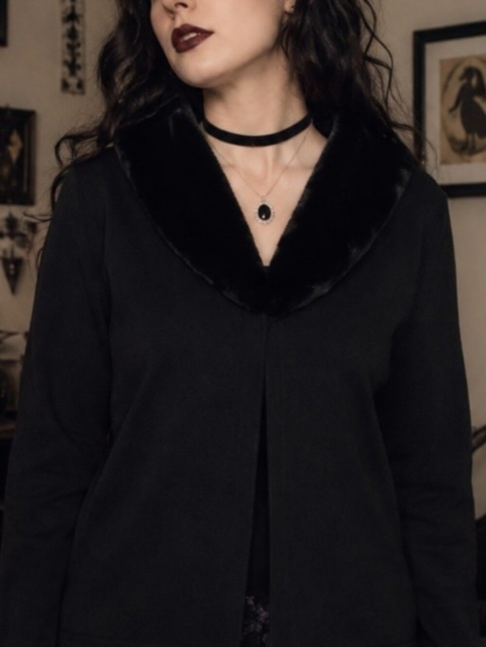 Black Faux Fur Collar Knit Cardigan Sweater Size XL Whimsigoth Vintage Y2k 90s